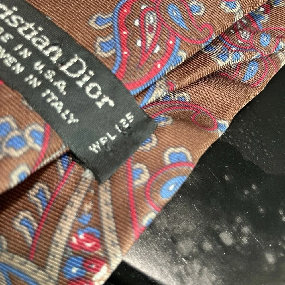 Christian Dior 100% Silk Paisley Necktie Brown Red Blue Made USA Woven Italy